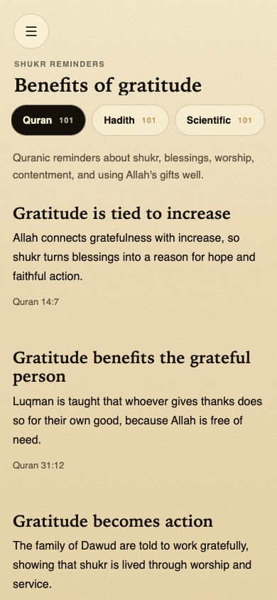 Shakirr benefits screen with Quran, Hadith and scientific gratitude notes