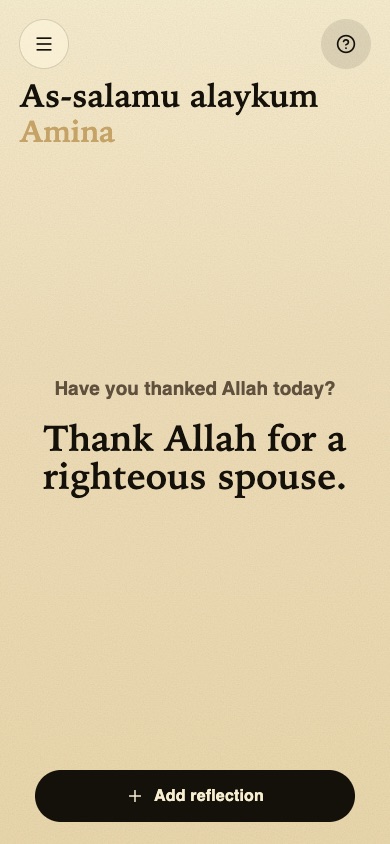 Shakirr home screen asking Have you thanked Allah today?
